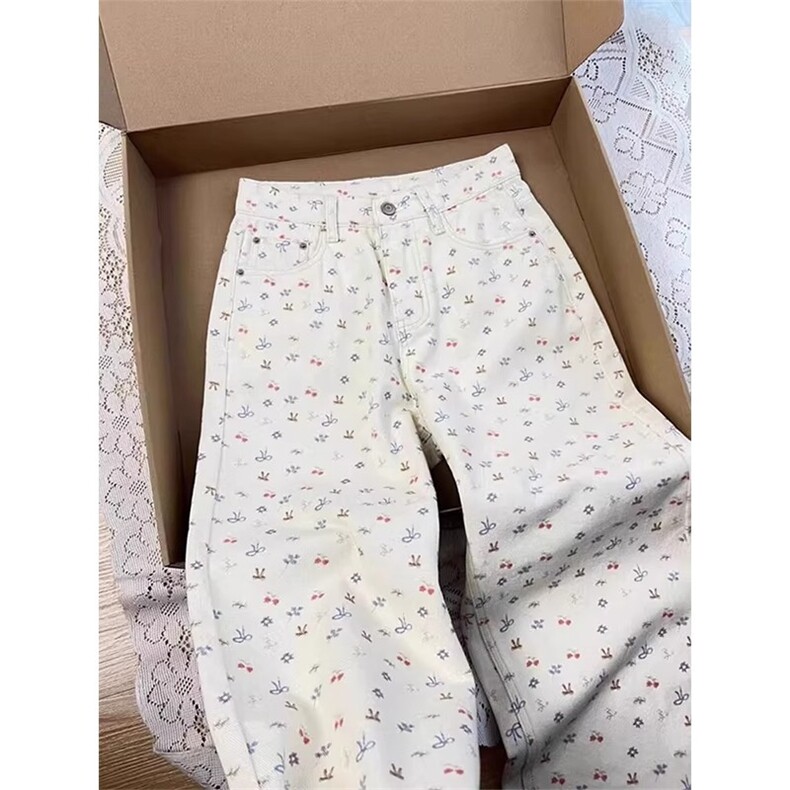 AK2348-P50刺绣kitty猫牛仔裤女夏季直筒高腰显瘦阔腿梧桐裤子潮,女装休闲裤,星座617A-2