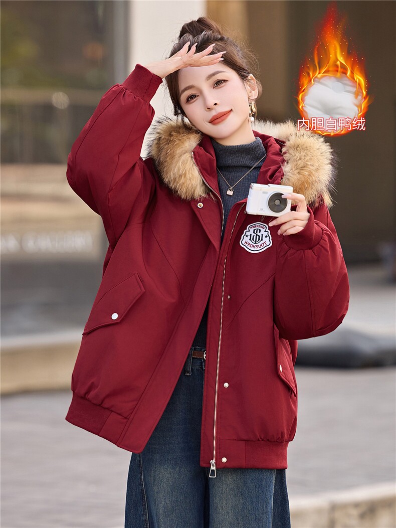 现货！2025年冬季红色羽绒服女大毛领设计感保暖休闲上衣,女装羽绒服,沐七七