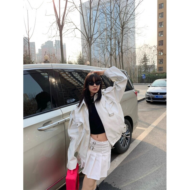 美式复古白色PU皮短款外套男女cleanfit高级感宽松情侣机车服夹克,男装夹克,星座506A