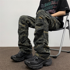 迷彩微喇堆积感牛仔裤高街迷彩褶皱休闲裤男牛仔裤NT1714-P48，男装休闲裤，星座302B