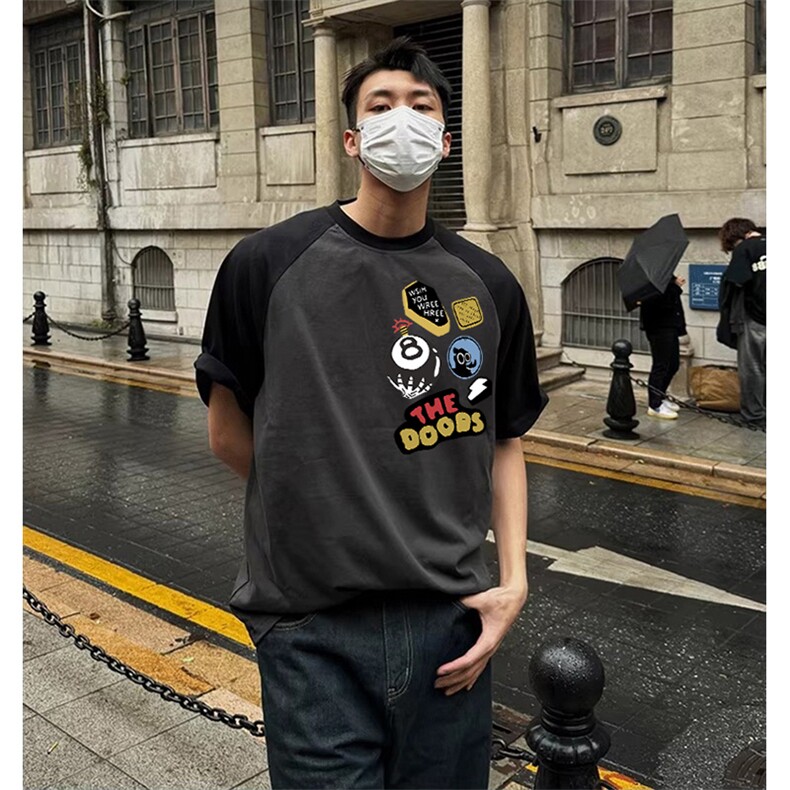 抖音得物高品质二开240克宽松纯棉美式潮牌插肩袖拼接短袖T恤,男装T恤,电商A486