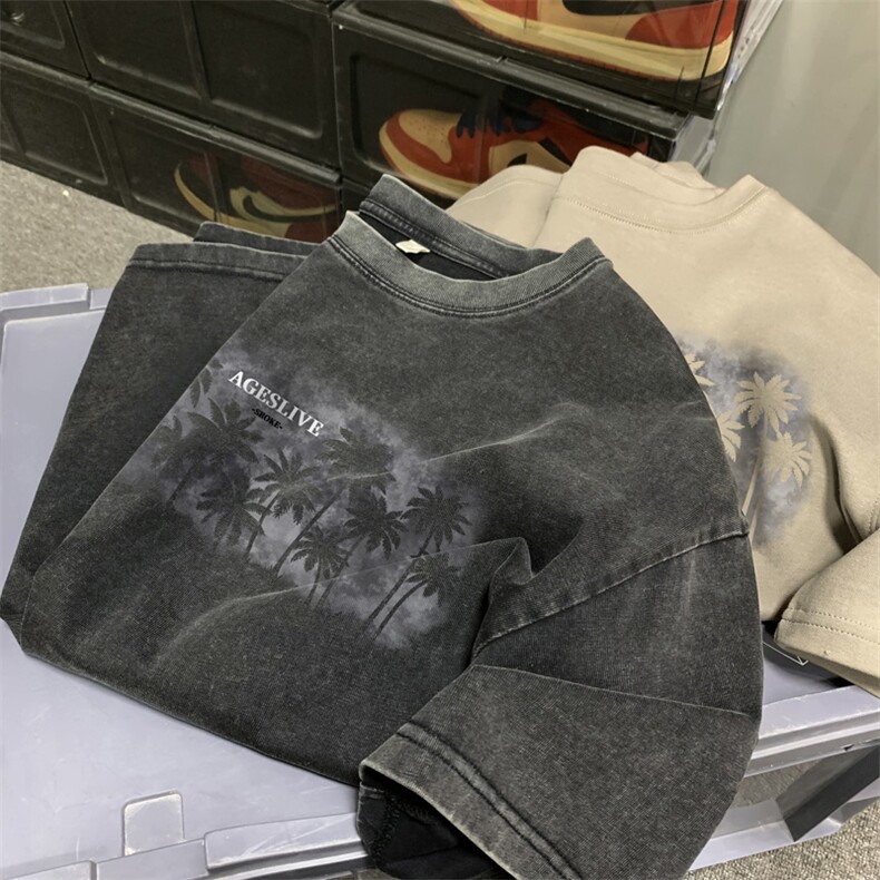 量大优供视频240g重磅美式炒雪花水洗做旧短袖t恤STX541-特P25,男装T恤,电商B371