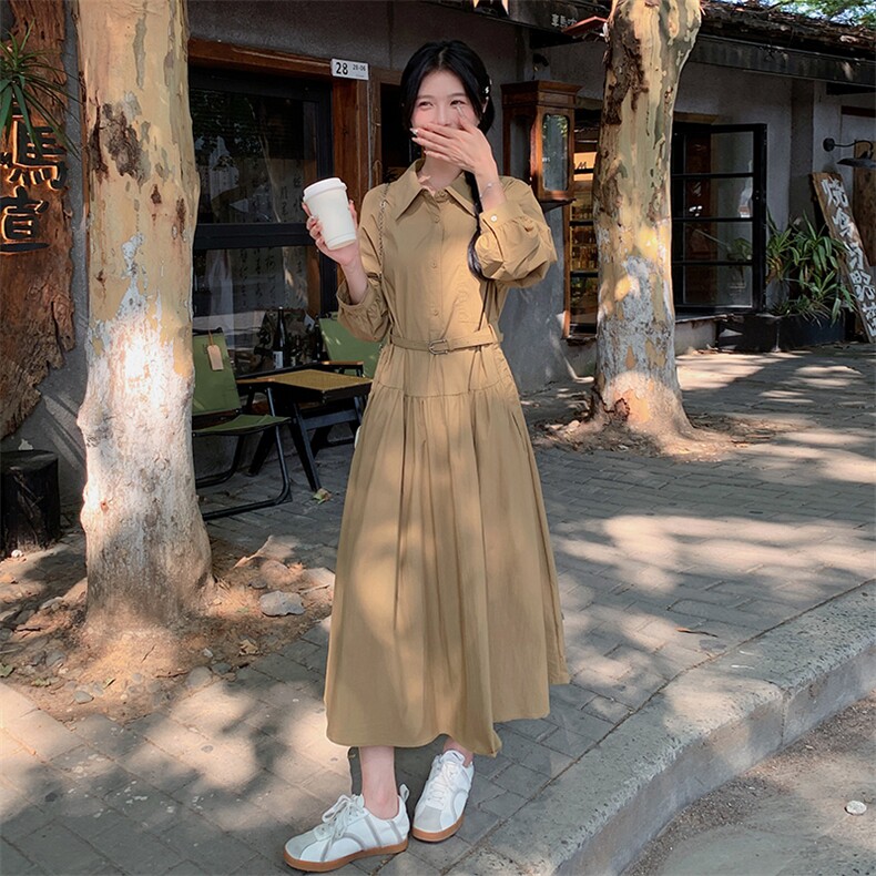 法式衬衫连衣裙女士中长款,女装连衣裙,素月