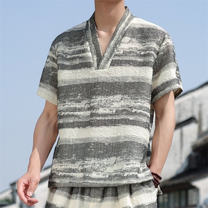 2025夏季新款风男装衬衣新中式金属盘扣水墨复古衬衫 C96-P60图片