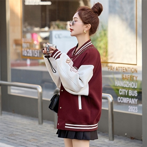 棒球服外套女2025春秋新款小个子超火休闲洋气减龄红色短款厚夹克图片