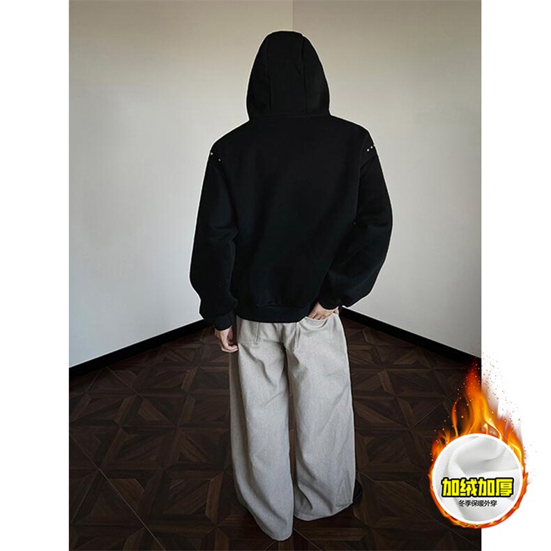 480G重磅加绒硬挺boxy男女秋冬美式高街卫衣铆钉拼接开衫厚外套,女装短外套,电商A486