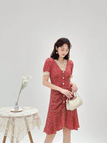 法式显瘦荷叶边鱼尾连衣裙，女装连衣裙，炅缇恩