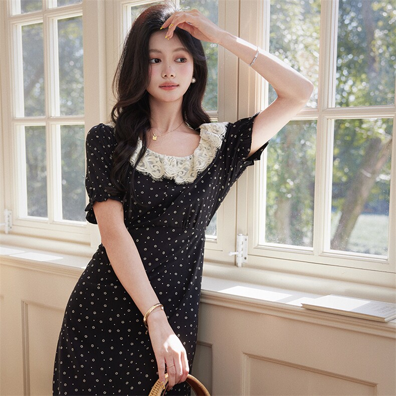 法式蕾丝花边领短袖连衣裙女2025夏季新款高级感气质长裙显瘦，女装连衣裙，艾米