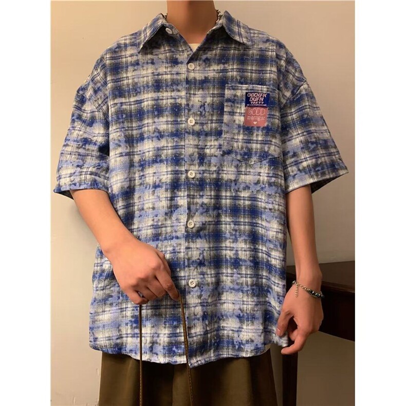 格子短袖衬衫男士夏季日系宽松半袖衬衣感痞帅上衣外套TT002-P40,男装T恤,星座911-3