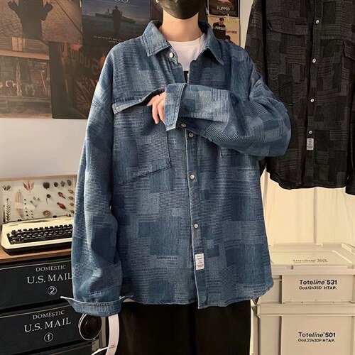 春季ins潮流牛仔衬衫男复古长袖衬衣外套青少年痞帅上衣服C60-p55图片
