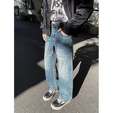高街复古水洗牛仔裤男宽松vibe风做旧微喇直筒阔腿裤子L8144-P53，男装牛仔裤，星座1008