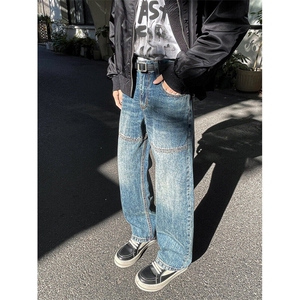 高街复古水洗牛仔裤男宽松vibe风做旧微喇直筒阔腿裤子L8144-P53图片