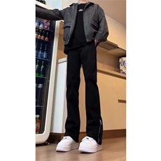 美式高街男女直筒修身侧面拉链牛仔裤加长黑色弯刀微喇裤S662P36，男装牛仔裤，星座1112-1