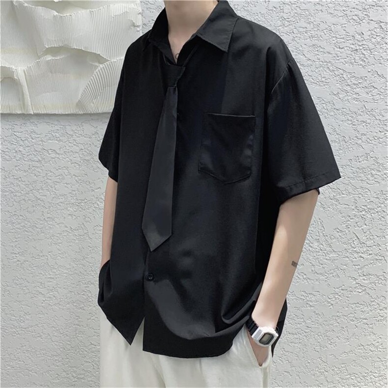 配领带 夏季薄款短袖衬衫男 港风宽松班服DK学院风衬衣C318-P30图片