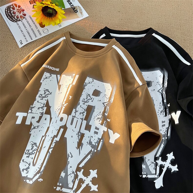 2023 夏季新款 港风摆拍大码麂皮绒印花短袖T恤M-5X HT23145-P35图片