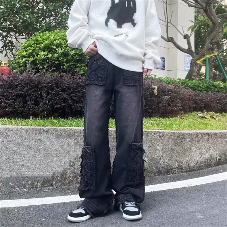 美式高街复古多口袋牛仔裤男女直筒宽松休闲长裤KB97-P70图片