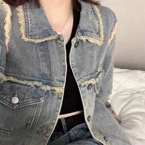 cleanfit牛仔外套男女春秋款痞帅炸街穿搭复古水洗做旧毛边夹克潮图片