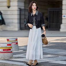 现货2025秋装新款格子拼接复古时尚牛仔外套，女装牛仔外套，深水步