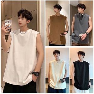 白色纯棉背心男款夏季运动健身无袖t恤美式高街小领口老头衫坎肩图片