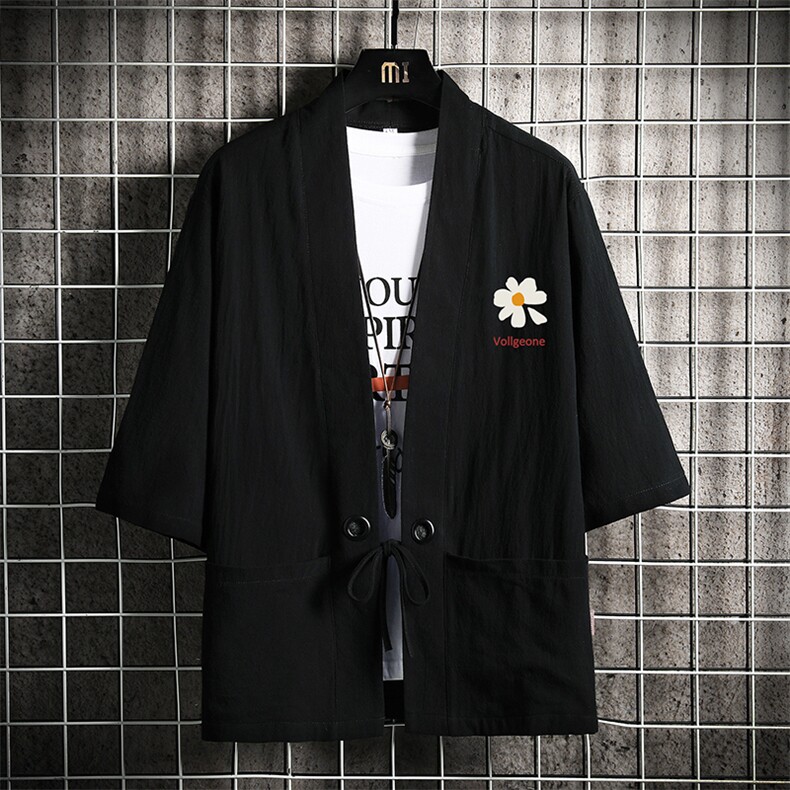 HF59059-P40风汉服男开衫外套七分袖道袍网格挂拍，男装民族服装，电商A040A