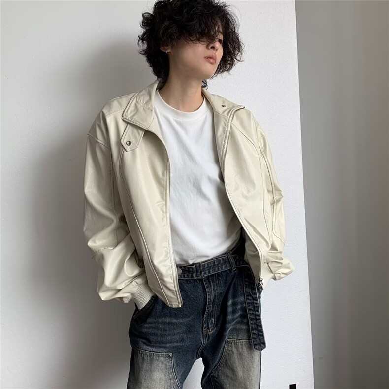 小众设计感pu皮立领垫肩机车服夹克男款秋冬新款潮流宽松百搭外套,男装夹克,星座516A