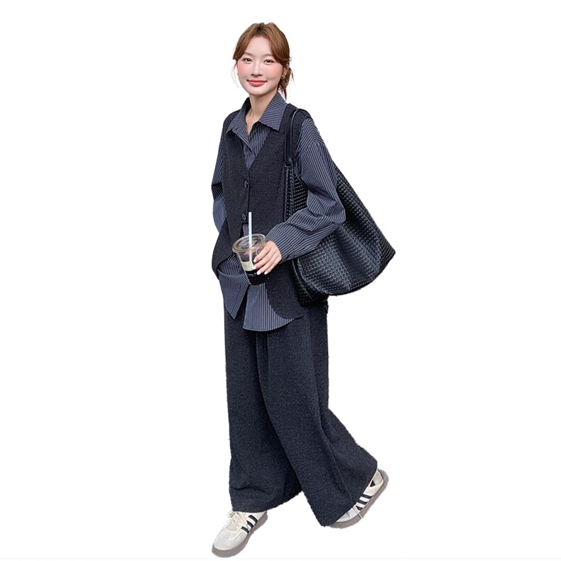 2025秋冬新款条纹衬衣+马甲阔腿裤三件套装2553款P195-K278,女装套装/套裙,浙宝301