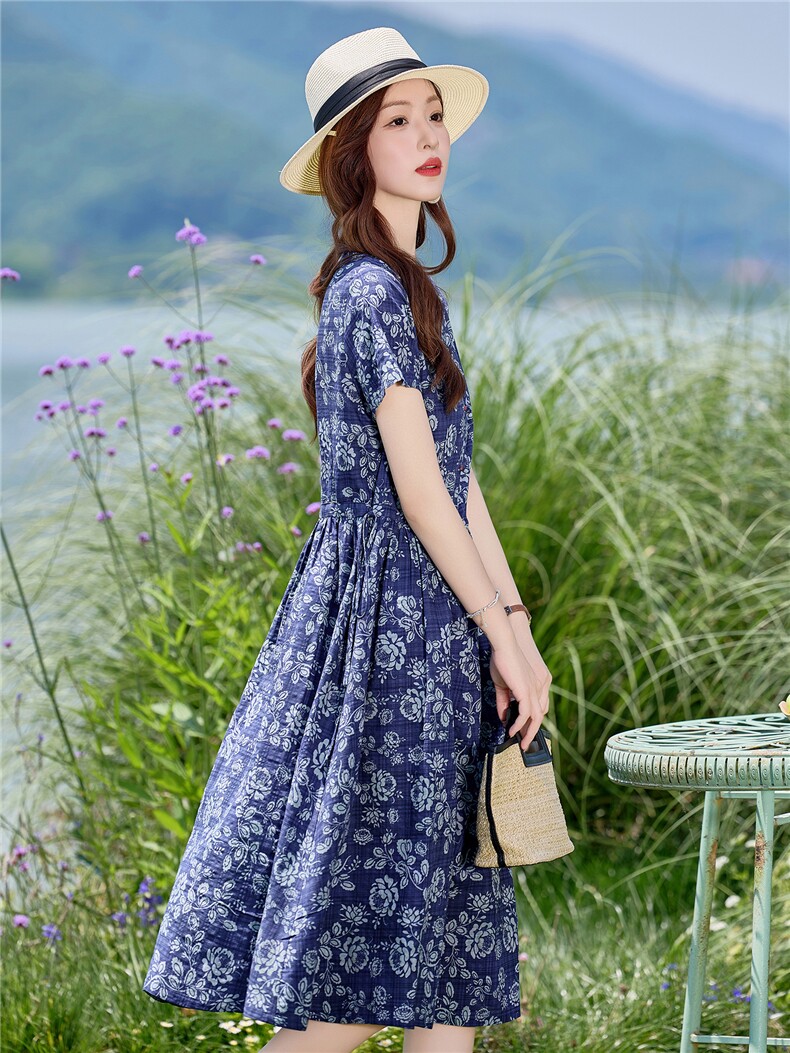 复古印花棉麻短袖连衣裙女夏2026新款V领盘扣气质减龄新中式裙子,女装连衣裙,倪叶myz