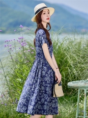复古印花棉麻短袖连衣裙女夏2026新款V领盘扣气质减龄新中式裙子，女装连衣裙，倪叶myz