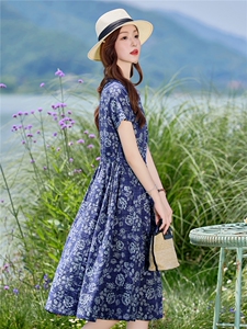 复古印花棉麻短袖连衣裙女夏2026新款V领盘扣气质减龄新中式裙子图片