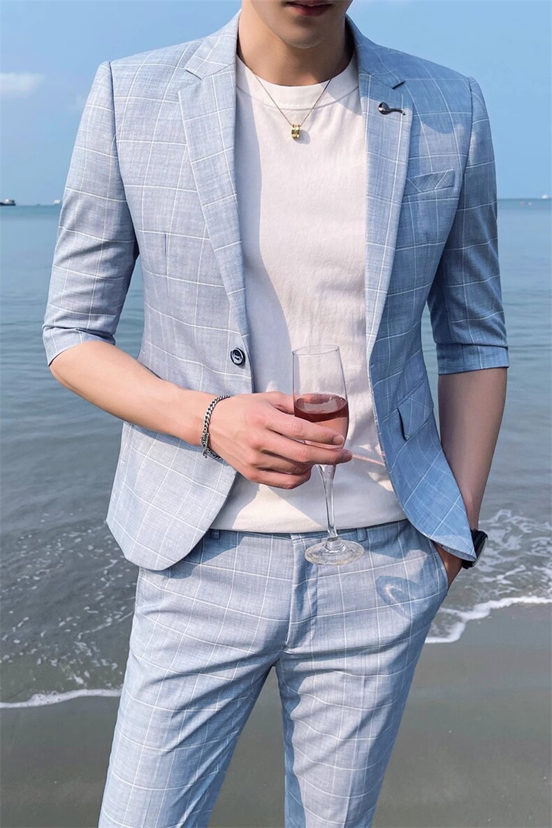 夏季格子款中袖西装两件套男装西服套装1012-W2106,男装西服,星座1012