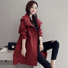 风衣春秋中长款修身显瘦百搭潮流简约个性长袖连帽，女装风衣，微微衣阁