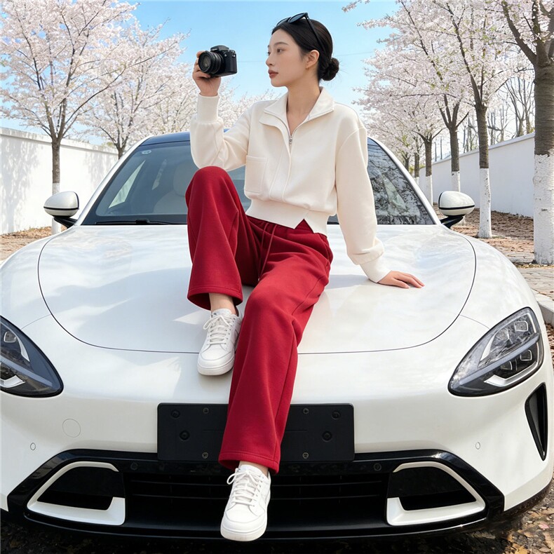 个性简约时尚套装女春季新款杏色立领长袖上衣红色阔腿长裤两件套,女装套装/套裙,江南