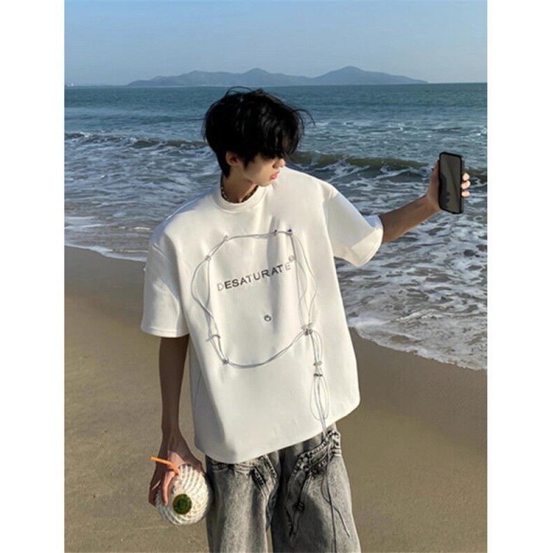 垫肩铆钉t恤男夏季设计感小众cleanfit上衣复古重磅短袖T5576,男装T恤,星座1116A（原606A-3）
