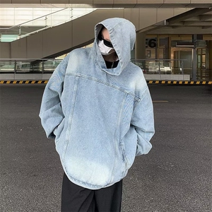 做旧水洗连帽牛仔卫衣男秋季美式复古街头风宽松外套夹克男图片