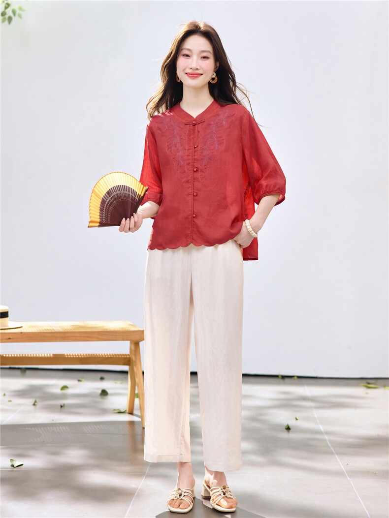 长期现货2026夏季新款天丝苎麻刺绣衬衫T恤中年阔腿裤两件套装女,女装套装/套裙,璐依舞