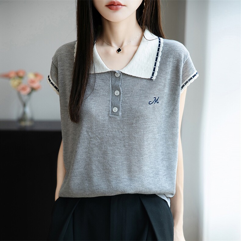 撞色翻领冰麻针织小飞袖T恤女2025夏薄Polo领上衣显瘦短袖t恤衫潮,女装T恤,菲奥羊绒