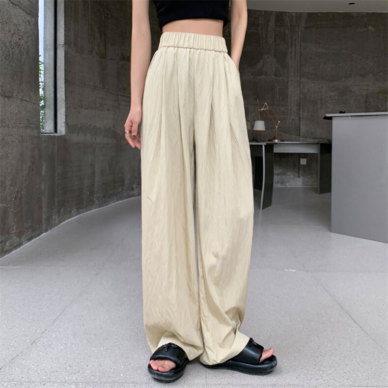 山本褶皱宽松阔腿滑滑裤子女2024夏日系冰丝慵懒肌理纹休闲裤,女装休闲裤,梦白服饰厂