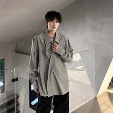 现货英伦风条纹大翻领设计款潮男长袖衬衫A071-3306-P58，男装衬衫，电商A071