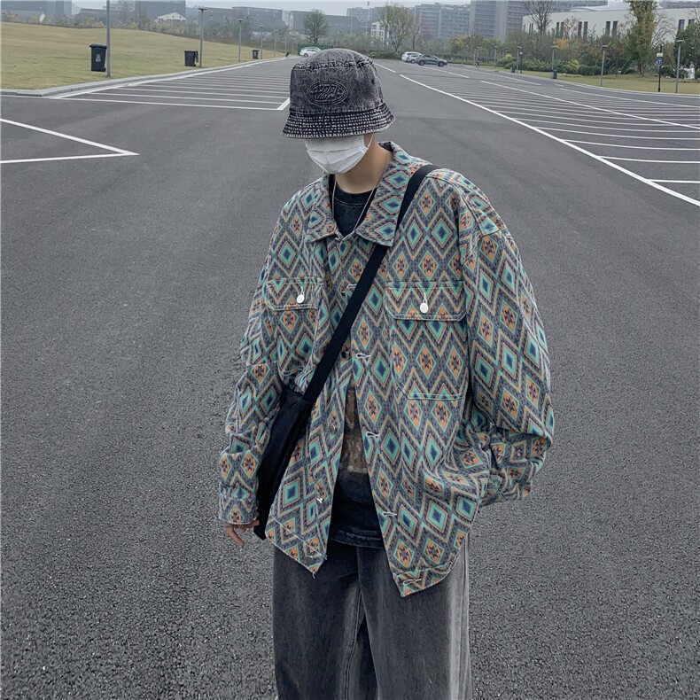 美式高街牛仔外套男菱形拼色个性帅气2025夏季ins夹克W5068-P60,男装工装外套,星座412-3
