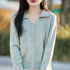 春秋100%纯羊毛开衫女翻领扭花点子纱亮丝外套宽松羊绒衫外搭毛衣，女装羊毛衫，哲奥羊绒