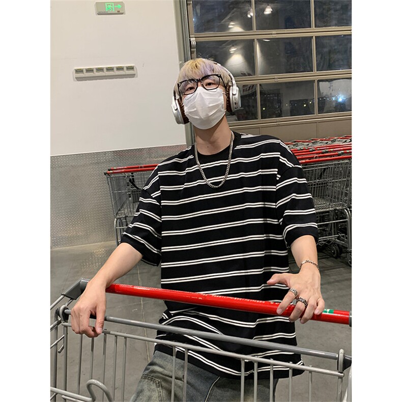 wassuphappy小领口短袖t恤男夏季薄款条纹宽松半截袖休闲上衣服,男装T恤,电商A007
