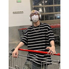 wassuphappy小领口短袖t恤男夏季薄款条纹宽松半截袖休闲上衣服，男装T恤，电商A007