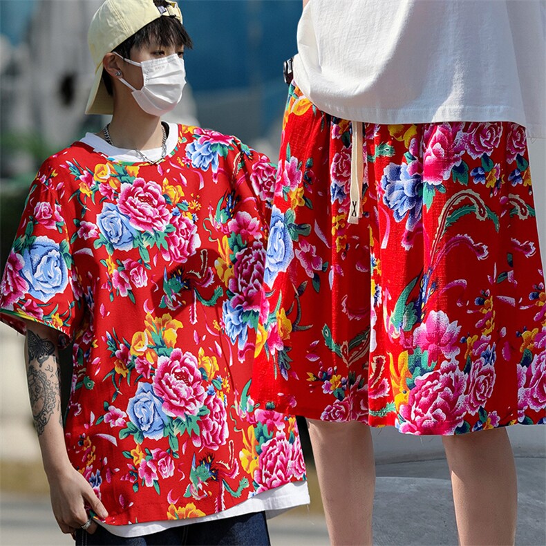 TZ2008男士夏季圆领短袖短裤人棉东北大花布透气凉爽套装大码男,男装休闲套装,星座115A(原星座507）