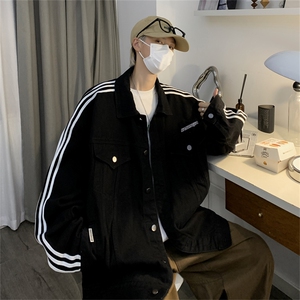 F25-P65 高街潮牌宽松痞帅夹克上衣春季美式条纹拼接牛仔外套男图片