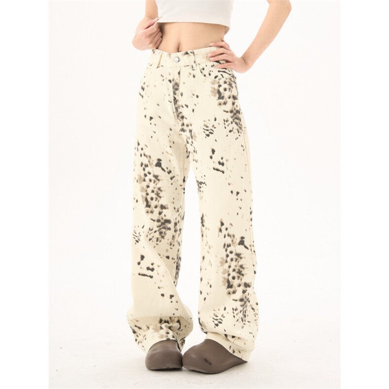 2236-P48美式复古豹纹设计感直筒牛仔裤女显瘦高腰直筒裤，女装牛仔裤，电商A306A