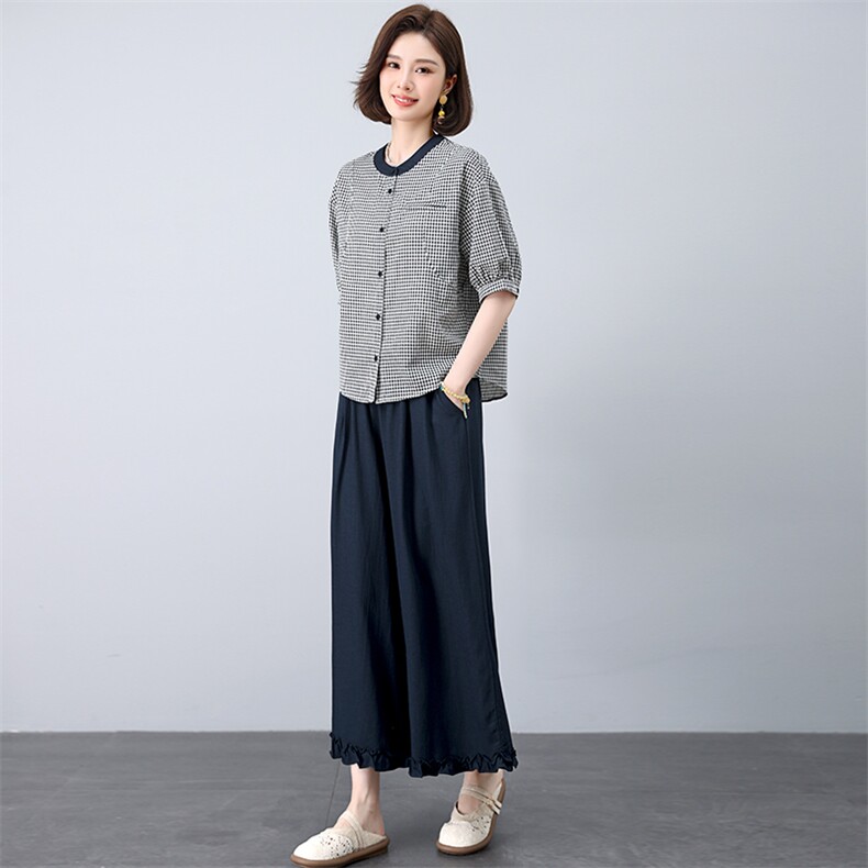 套装女2025年夏季新款时尚宽松中年妈妈大码棉麻九分裤两件套,女装套装/套裙,江忆布依