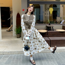 法式碎花连衣裙套装女春秋2025新款优雅今年流行马甲长裙子两件套，女装套装/套裙，2C239