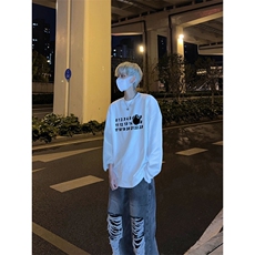 美式复古台球高手黑八印花长袖T恤小领口打底衫，男装T恤，星座310A-4