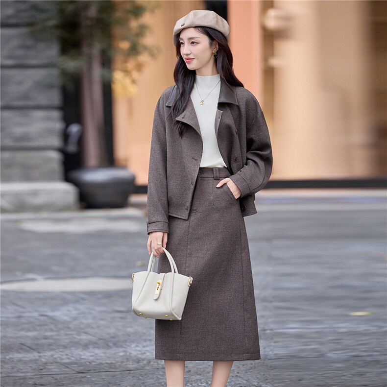 今年流行毛呢气质套装女2025深秋初冬新款翻领短外套半身裙一整套,女装套装/套裙,靓衣阁