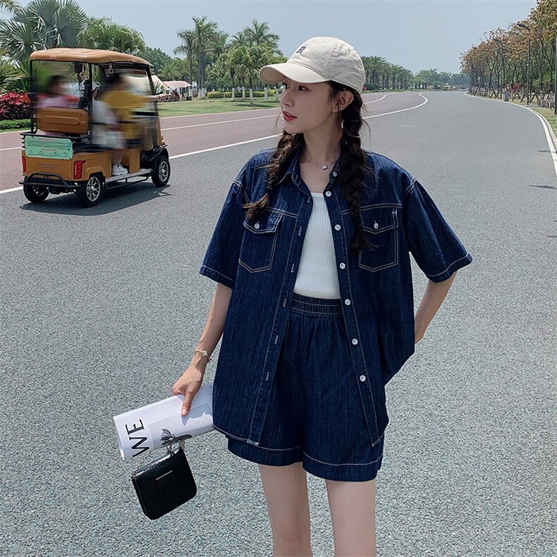 大货已出~新款!牛仔薄款短袖短裤两件套190-82355-P125-K185,女装套装/套裙,一九零